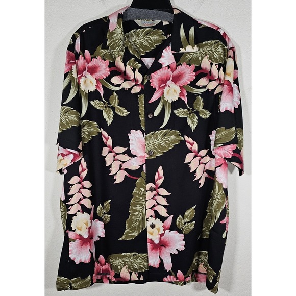Other - Sunny Island Shirt Mens Large Hawaiian Tropical Flowers Black Button Down